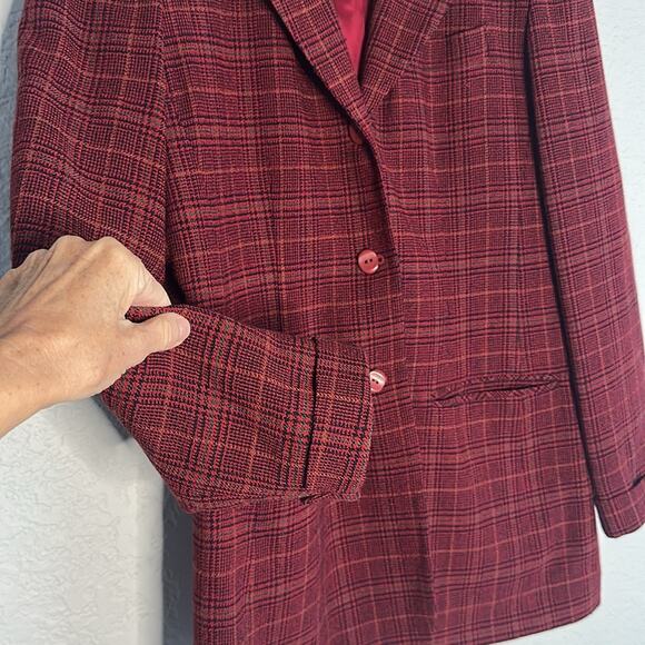 Vintage Lands’ End Dark Red Plaid Blazer Preppy Goth Money Wool Pockets Size 6 - Picture 6 of 7